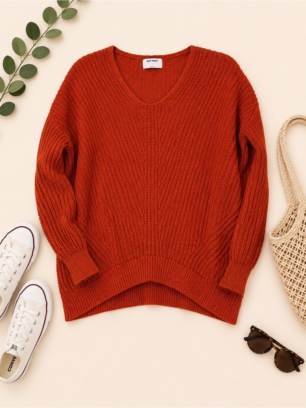 Old Navy Rust Orange Chunky Knit V Neck Sweater Size L Oversized